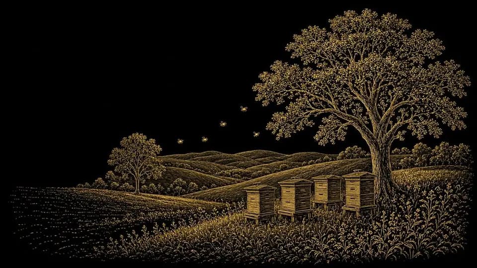 Engraved apiary scene