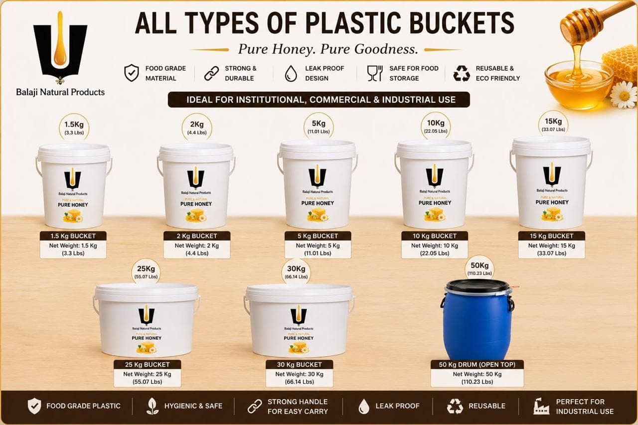 Food-grade plastic honey buckets from 1.5 kg to 30 kg and a 50 kg open-top drum